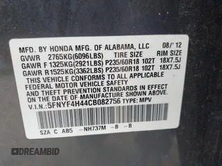 2012 Honda Pilot EX with VIN 5FNYF4H44CB082756, listed as a IAAI auction lot 41857412 with 132,392 mi miles. Bid and sale history available at carsss.com. Image 9.