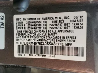 2012 Honda CR-V EX-L z VIN 5J6RM4H76CL062343, wystawiony jako Copart lot #43614745 z przebiegiem Nie podano mil oraz Szkoda całkowita • Salvage title. Historia ofert i sprzedaży dostępna na DreamBid. Obrazek 13.
