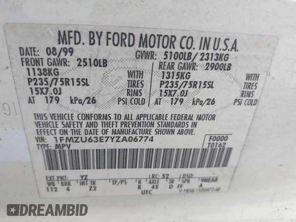 2000 Ford Explorer XLT z VIN 1FMZU63E7YZA06774, wystawiony jako IAAI lot #42240135 z przebiegiem 329 219 mil mil oraz . Historia ofert i sprzedaży dostępna na DreamBid. Obrazek 9.
