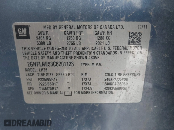 2012 Chevrolet Equinox LT w/2LT with VIN 2GNFLNE53C6201123, listed as a IAAI auction lot 41299755 with 128,810 mi miles. Bid and sale history available at carsss.com. Image 9.