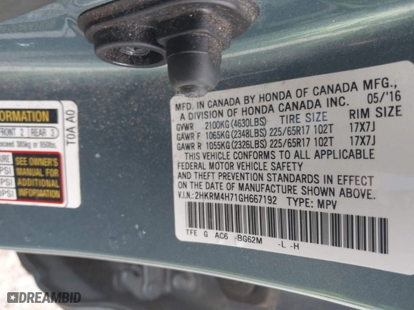 2016 Honda CR-V EX-L with VIN 2HKRM4H71GH667192, listed as a IAAI auction lot 41737621 with 58,815 mi miles. Bid and sale history available at carsss.com. Image 9.
