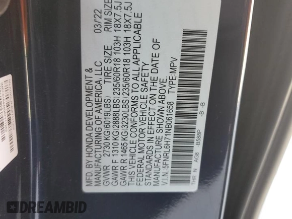 2022 Honda Odyssey EX-L z VIN 5FNRL6H71NB061658, wystawiony jako Copart lot #52260775 z przebiegiem 28 494 mil mil oraz Szkoda całkowita • Salvage title. Historia ofert i sprzedaży dostępna na DreamBid. Obrazek 14.