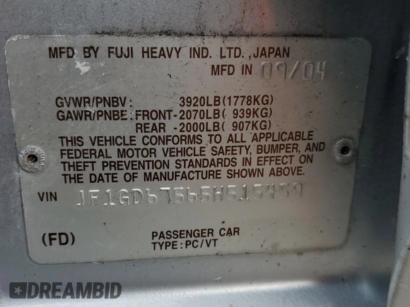 2005 Subaru Impreza Sedan (Natl) RS with VIN JF1GD67565H515459, listed as a Copart auction lot 45500455 with 93,483 mi miles and Salvage Title. Bid and sale history available at carsss.com. Image 12.