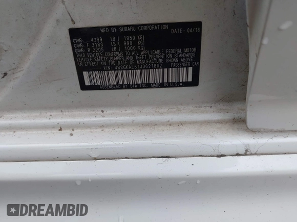 2018 Subaru Impreza Special Sports with VIN 4S3GKAL67J3621802, listed as a IAAI auction lot 41918944 with 1,170,401 mi miles and . Bid and sale history available at DreamBid. Image 9.