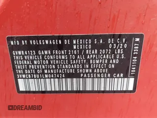 2020 Volkswagen Jetta S z VIN 3VWCB7BU1LM047424, wystawiony jako IAAI lot #41989854 z przebiegiem 36 020 mil mil oraz . Historia ofert i sprzedaży dostępna na DreamBid. Obrazek 9.