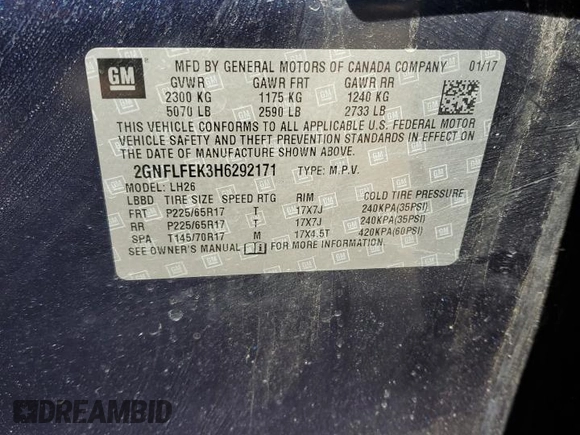 2017 Chevrolet Equinox LT with VIN 2GNFLFEK3H6292171, listed as a Copart auction lot 55240815 with 108,194 mi miles and Clean Title. Bid and sale history available at carsss.com. Image 12.