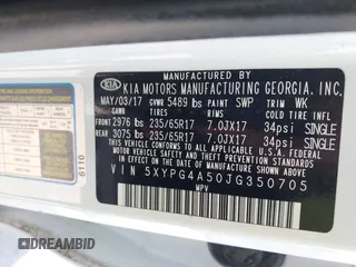 2018 Kia Sorento LX with VIN 5XYPG4A50JG350705, listed as a IAAI auction lot 41537305 with 82,346 mi miles and . Bid and sale history available at DreamBid. Image 9.