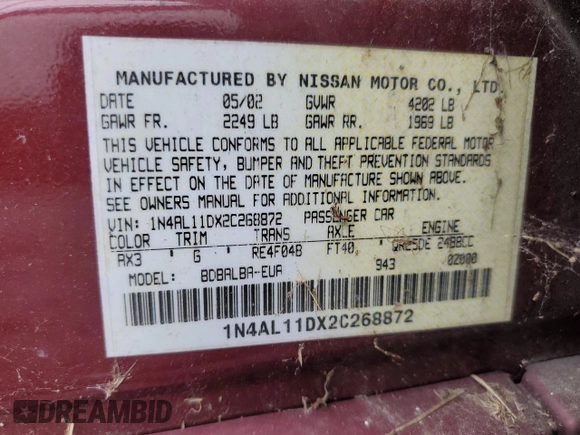 2002 Nissan Altima S with VIN 1N4AL11DX2C268872, listed as a Copart auction lot 64276215 with 74,928 mi miles and Clean title. Bid and sale history available at DreamBid. Image 12.