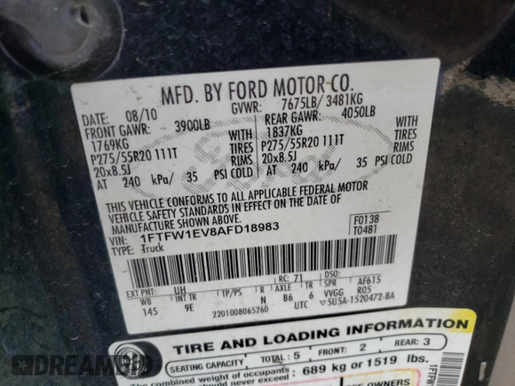 2010 Ford F-150 XL with VIN 1FTFW1EV8AFD18983, listed as a Copart auction lot 47315985 with 212,799 mi miles and Salvage Title. Bid and sale history available at carsss.com. Image 14.