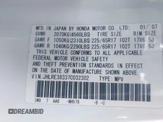 2007 Honda CR-V LX with VIN JHLRE38337C032302, listed as a IAAI auction lot 41870855 with 189,865 mi miles. Bid and sale history available at carsss.com. Image 9.