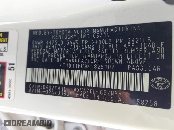 2019 Toyota Camry LE with VIN 4T1B11HK9KU825107, listed as a IAAI auction lot 41971159 with 15,802 mi miles and . Bid and sale history available at DreamBid. Image 9.