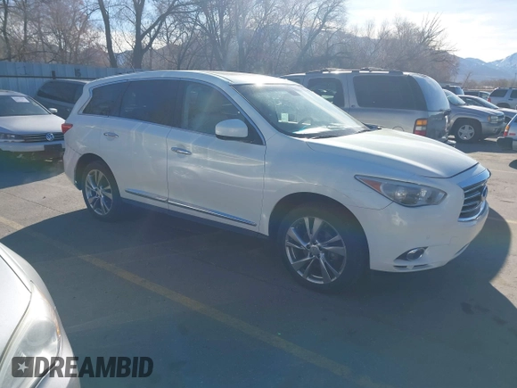 2013 Infiniti JX35 with VIN 5N1AL0MMXDC322380, listed as a IAAI auction lot 41862620 with 168,436 mi miles. Bid and sale history available at carsss.com. Image 1.