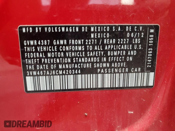 2012 Volkswagen Jetta GLI z VIN 3VW467AJ6CM420344, wystawiony jako Copart lot #56830695 z przebiegiem 146 890 mil mil oraz Szkoda całkowita • Salvage title. Historia ofert i sprzedaży dostępna na DreamBid. Obrazek 12.