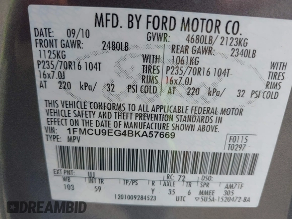 2011 Ford Escape Limited with VIN 1FMCU9EG4BKA57669, listed as a IAAI auction lot 41785314 with 83,970 mi miles. Bid and sale history available at carsss.com. Image 9.