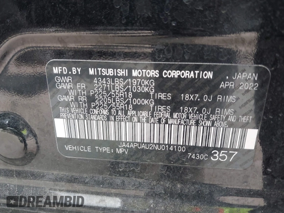 2022 Mitsubishi Outlander ES with VIN JA4APUAU2NU014100, listed as a IAAI auction lot 41932831 with 64,131 mi miles and . Bid and sale history available at DreamBid. Image 9.