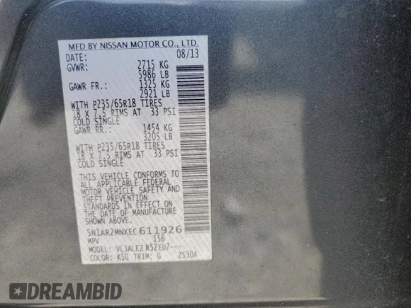 2014 Nissan Pathfinder SL with VIN 5N1AR2MNXEC611926, listed as a Copart auction lot 55067505 with 190,982 mi miles and Clean Title. Bid and sale history available at DreamBid. Image 13.