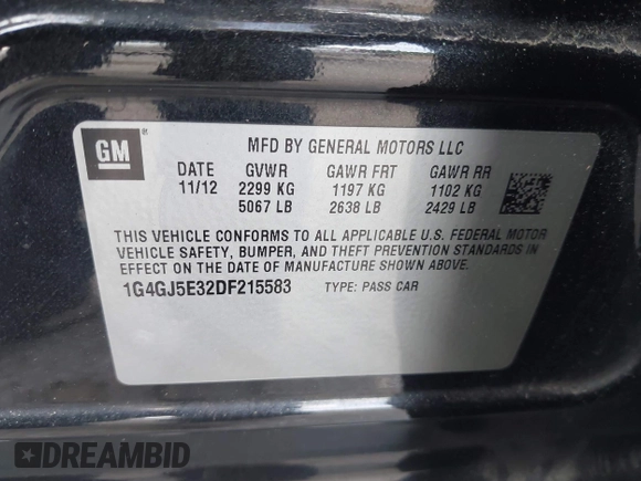 2013 Buick LaCrosse Touring with VIN 1G4GJ5E32DF215583, listed as a IAAI auction lot 42125132 with 118,602 mi miles and . Bid and sale history available at DreamBid. Image 9.