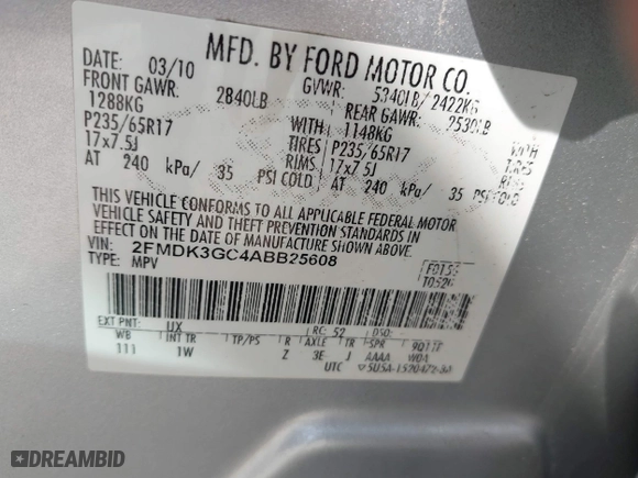 2010 Ford Edge SE with VIN 2FMDK3GC4ABB25608, listed as a IAAI auction lot 40388620 with 237,780 mi miles. Bid and sale history available at carsss.com. Image 9.