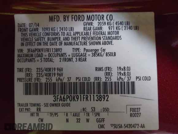 2015 Ford Fusion Titanium with VIN 3FA6P0K91FR113892, listed as a IAAI auction lot 41379676 with 195,091 mi miles. Bid and sale history available at carsss.com. Image 9.