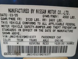 2005 Infiniti G35 with VIN JNKCV51E15M216377, listed as a Copart auction lot 57979994 with 147,084 mi miles and Salvage Title. Bid and sale history available at DreamBid. Image 14.