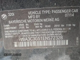 2014 BMW 3 Series 320i xDrive with VIN WBA3C3G51ENS72328, listed as a IAAI auction lot 42688762 with Not provided miles and . Bid and sale history available at DreamBid. Image 9.