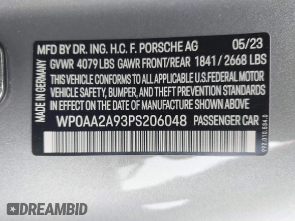 2023 Porsche 911 Carrera with VIN WP0AA2A93PS206048, listed as a IAAI auction lot 42022225 with 6,439 mi miles and . Bid and sale history available at DreamBid. Image 9.