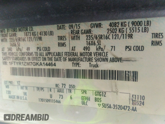 2016 Ford Transit Cargo with VIN 1FTYR1ZM7GKA14464, listed as a IAAI auction lot 41230405 with 120,604 mi miles and . Bid and sale history available at DreamBid. Image 9.
