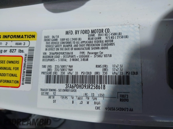 2018 Ford Fusion SE with VIN 3FA6P0HD9JR258618, listed as a IAAI auction lot 41508564 with 54,651 mi miles. Bid and sale history available at carsss.com. Image 9.