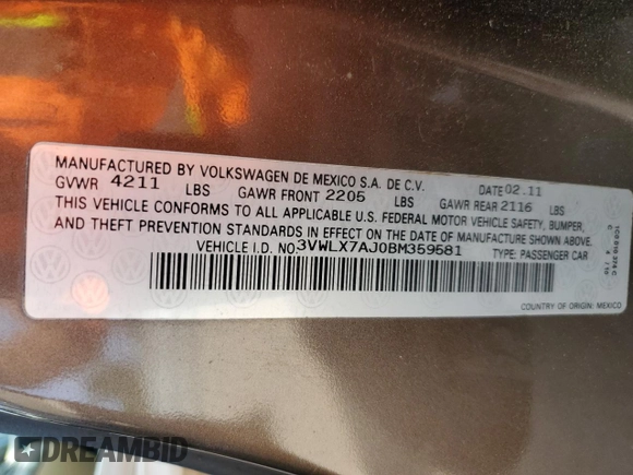 2011 Volkswagen Jetta SEL с VIN 3VWLX7AJ0BM359581, выставлен на аукционе Copart как лот 56222225 с пробегом 195 871 миль миль и Чистый • Clean title. История ставок и продаж доступна на DreamBid. Изображение 12.