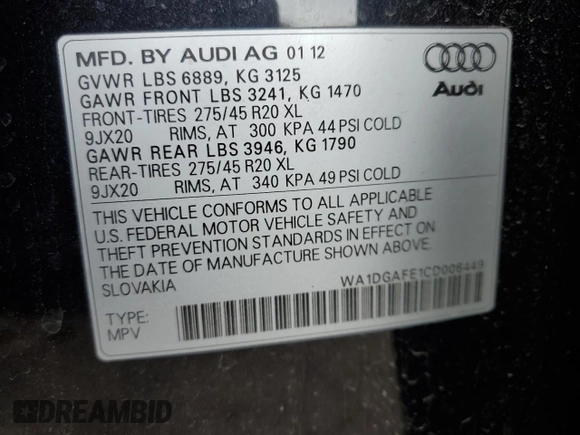 2012 Audi Q7 3.0T S line with VIN WA1DGAFE1CD006449, listed as a Copart auction lot 46405915 with 90,291 mi miles and Salvage Title. Bid and sale history available at carsss.com. Image 13.