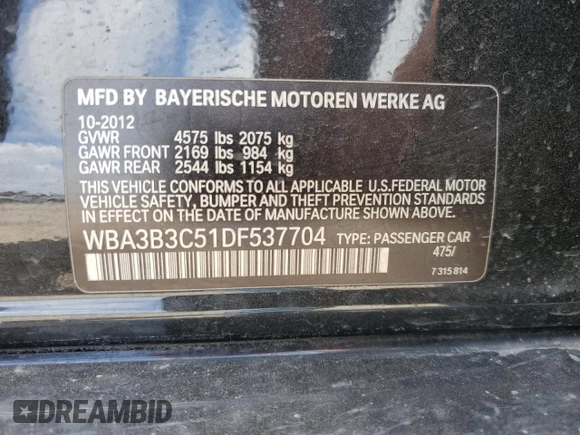 2013 BMW 3 Series 328i xDrive with VIN WBA3B3C51DF537704, listed as a Copart auction lot 49655625 with 98,384 mi miles and Salvage Title. Bid and sale history available at DreamBid. Image 14.