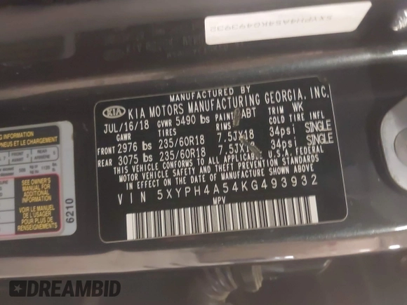2019 Kia Sorento EX Sport V6 with VIN 5XYPH4A54KG493932, listed as a IAAI auction lot 41923939 with 119,427 mi miles. Bid and sale history available at carsss.com. Image 9.
