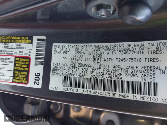2015 Toyota Tacoma with VIN 3TMMU4FN5FM077680, listed as a IAAI auction lot 41008355 with 221,940 mi miles. Bid and sale history available at carsss.com. Image 9.