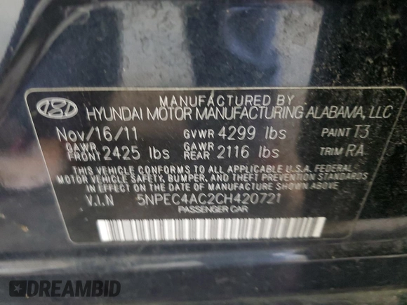 2012 Hyundai Sonata 2.4L Limited PZEV with VIN 5NPEC4AC2CH420721, listed as a Copart auction lot 68305774 with 175,797 mi miles and Clean Title. Bid and sale history available at carsss.com. Image 12.