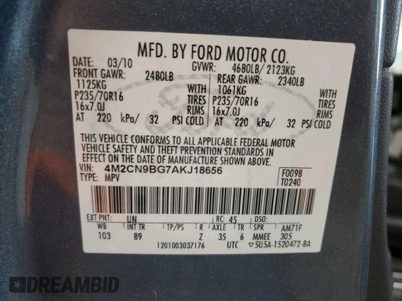 2010 Mercury Mariner z VIN 4M2CN9BG7AKJ18656, wystawiony jako Copart lot #48146255 z przebiegiem 99 094 mil mil oraz Szkoda całkowita • Salvage title. Historia ofert i sprzedaży dostępna na DreamBid. Obrazek 14.