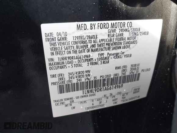 2010 Lincoln MKS with VIN 1LNHL9DR1AG614969, listed as a IAAI auction lot 41983558 with 127,490 mi miles and . Bid and sale history available at DreamBid. Image 9.