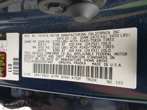 2008 Toyota Tacoma z VIN 5TELU42N28Z547400, wystawiony jako IAAI lot #42113730 z przebiegiem 115 935 mil mil oraz . Historia ofert i sprzedaży dostępna na DreamBid. Obrazek 9.