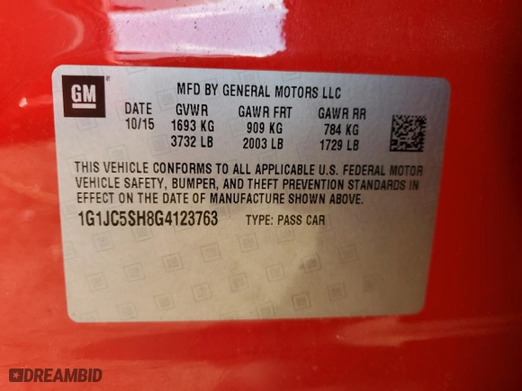 2016 Chevrolet Sonic LT with VIN 1G1JC5SH8G4123763, listed as a Copart auction lot 47054265 with 0 mi miles and Salvage Title. Bid and sale history available at carsss.com. Image 12.