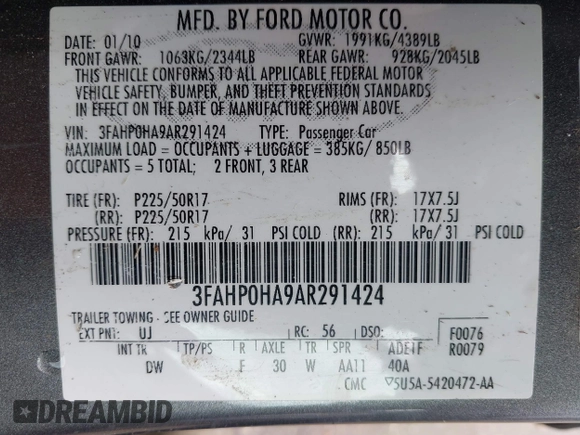 2010 Ford Fusion SE with VIN 3FAHP0HA9AR291424, listed as a IAAI auction lot 41864205 with 131,302 mi miles. Bid and sale history available at carsss.com. Image 9.