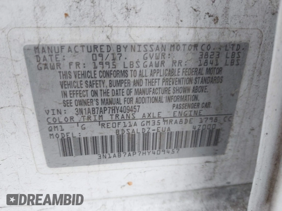 2017 Nissan Sentra S z VIN 3N1AB7AP7HY409457, wystawiony jako IAAI lot #42388313 z przebiegiem 126 553 mil mil oraz . Historia ofert i sprzedaży dostępna na DreamBid. Obrazek 9.