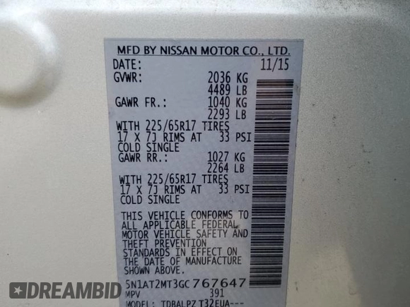 2016 Nissan Rogue SL with VIN 5N1AT2MT3GC767647, listed as a Copart auction lot 54883825 with 75,356 mi miles and Salvage Title. Bid and sale history available at DreamBid. Image 13.