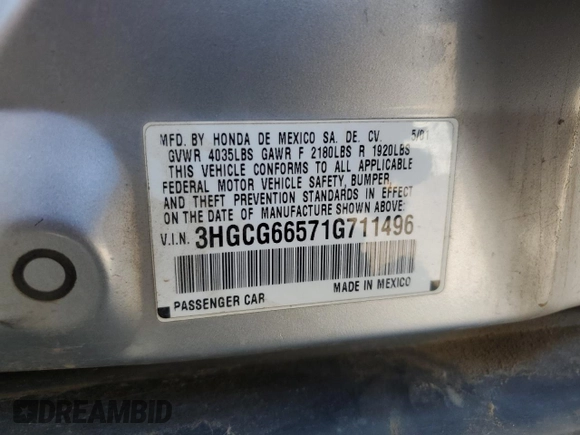 2001 Honda Accord LX z VIN 3HGCG66571G711496, wystawiony jako Copart lot #55837635 z przebiegiem 241 017 mil mil oraz Szkoda całkowita • Salvage title. Historia ofert i sprzedaży dostępna na DreamBid. Obrazek 12.