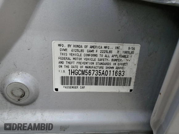2005 Honda Accord EX with VIN 1HGCM56735A011693, listed as a Copart auction lot 52024445 with 240,754 mi miles and Salvage Title. Bid and sale history available at DreamBid. Image 14.