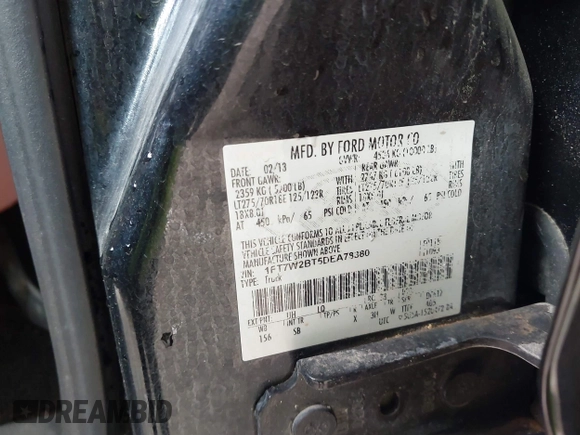 2013 Ford F-250 XL with VIN 1FT7W2BT5DEA78380, listed as a IAAI auction lot 42042218 with 193,956 mi miles and . Bid and sale history available at DreamBid. Image 9.