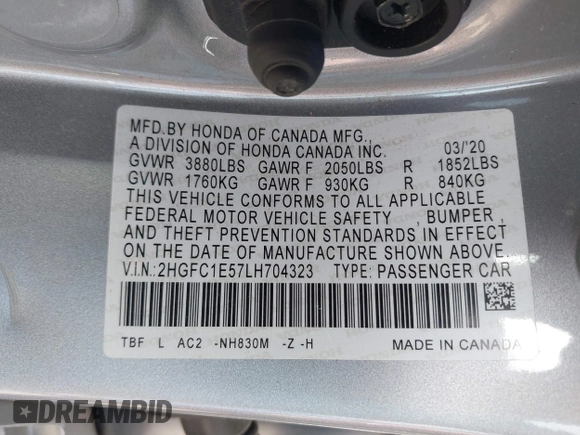 2020 Honda Civic Si with VIN 2HGFC1E57LH704323, listed as a IAAI auction lot 41742768 with 34,246 mi miles and . Bid and sale history available at DreamBid. Image 9.