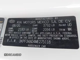 2021 Kia Forte GT-Line with VIN 3KPF34AD4ME275118, listed as a IAAI auction lot 41892974 with 46,983 mi miles and . Bid and sale history available at carsss.com. Image 9.