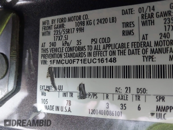 2014 Ford Escape S with VIN 1FMCU0F71EUC16148, listed as a IAAI auction lot 42025551 with 105,274 mi miles. Bid and sale history available at carsss.com. Image 9.