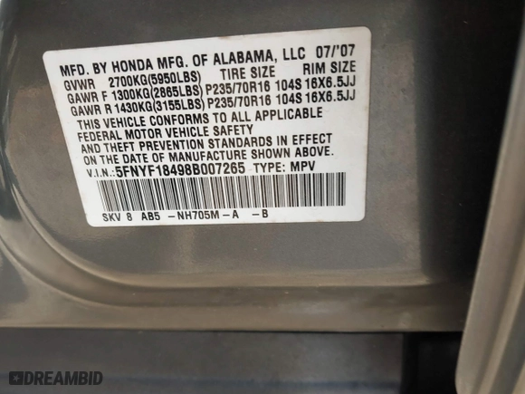 2008 Honda Pilot EX with VIN 5FNYF18498B007265, listed as a IAAI auction lot 41440608 with 148,351 mi miles. Bid and sale history available at carsss.com. Image 9.