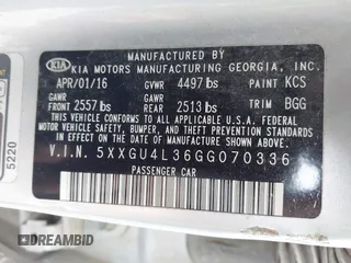 2016 Kia Optima EX z VIN 5XXGU4L36GG070336, wystawiony jako IAAI lot #41259692 z przebiegiem 124 807 mil mil oraz . Historia ofert i sprzedaży dostępna na DreamBid. Obrazek 9.