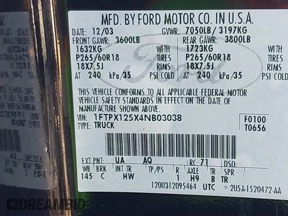2004 Ford F-150 XL with VIN 1FTPX125X4NB03038, listed as a IAAI auction lot 41555454 with 218,770 mi miles. Bid and sale history available at carsss.com. Image 9.